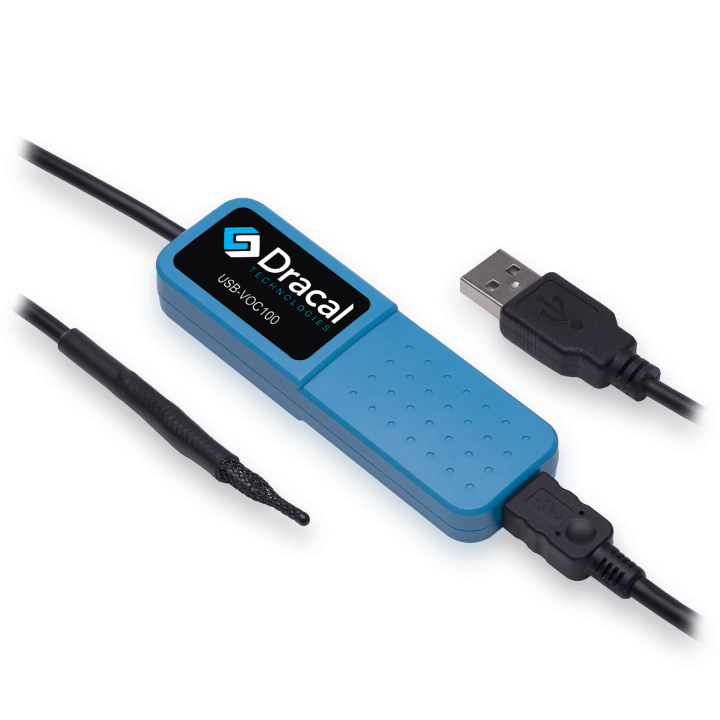 VOC100 - Dracal USB-connected as sensor volatile organic compound (VOC), temperature and relative humidity - Front view with USB plug