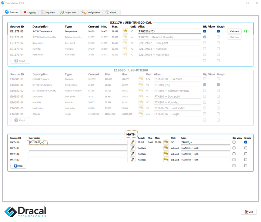 DracalView Sources tab with Math channel inset highlighted