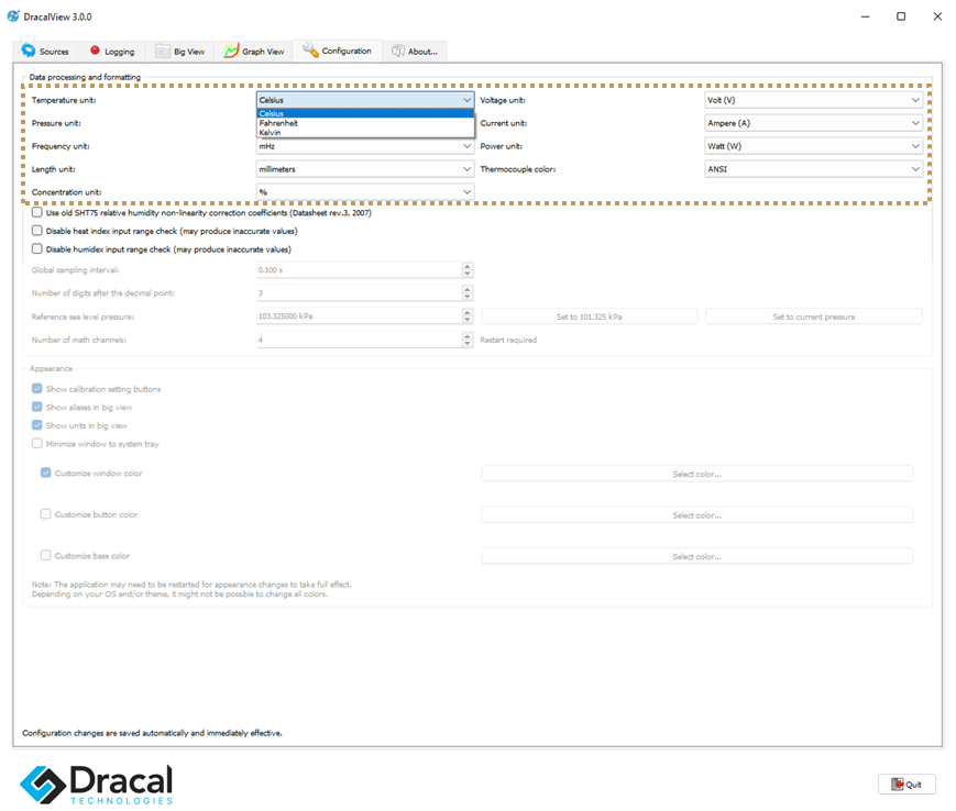 Configuration tab of DracalView_Units selection