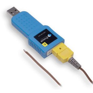 TMC100k: USB adapter for any type-K thermocouple for temperature measurement - Front view - With connected thermocouple