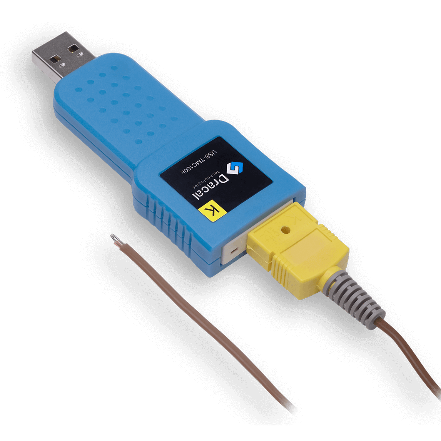 TMC100k: USB adapter for any type-K thermocouple for temperature measurement - Front view - With connected thermocouple
