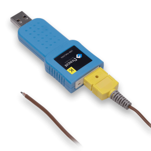 TMC200k: high resolution USB adapter for any type-K thermocouple for temperature measurement - Front view - With connected thermocouple