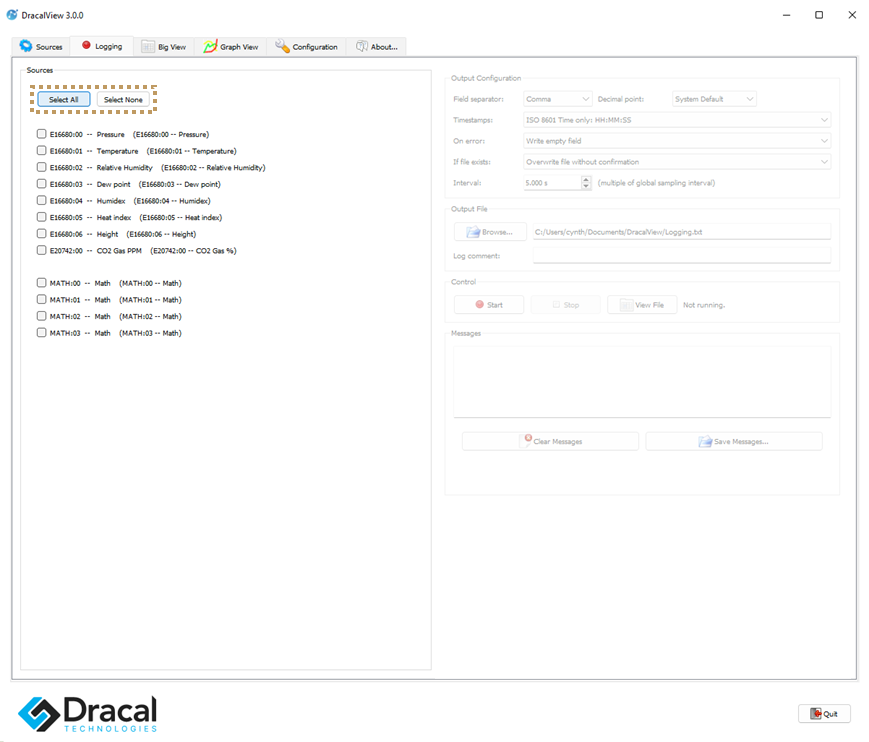 Logging tab_Select channels you want to log