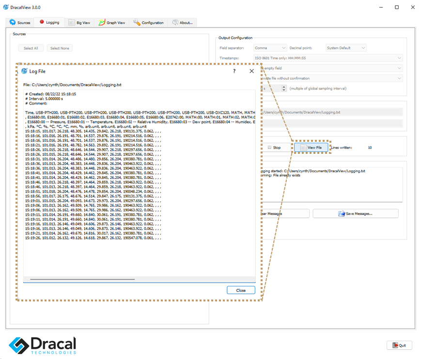 Text file of the data being logged in DracalView