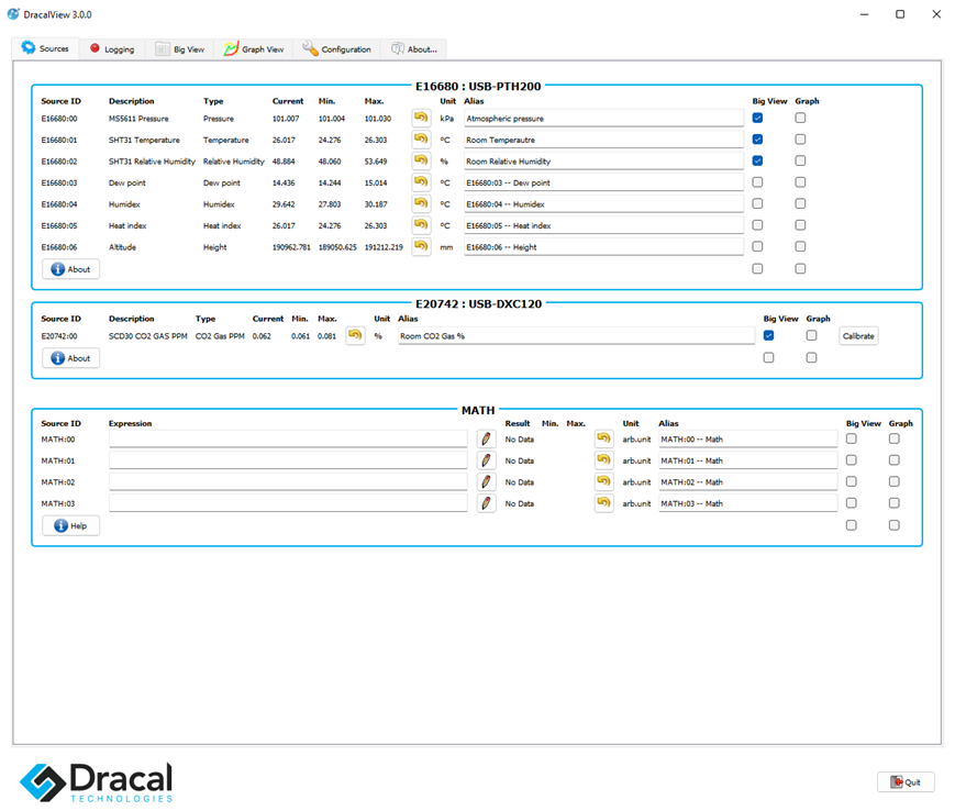 Sources tab of DracalView, with Big View options ticked