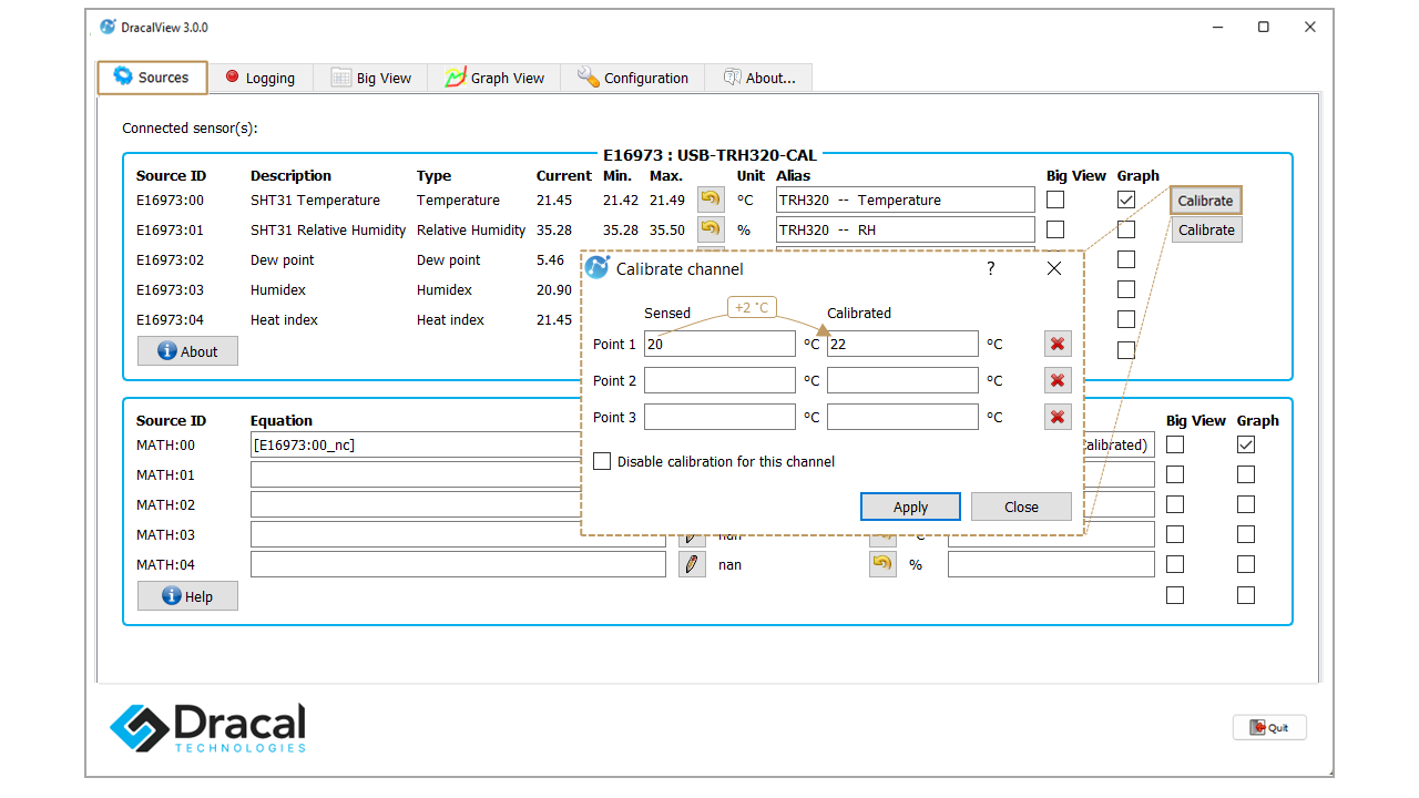 DracalView Sources tab and Calibration channel box