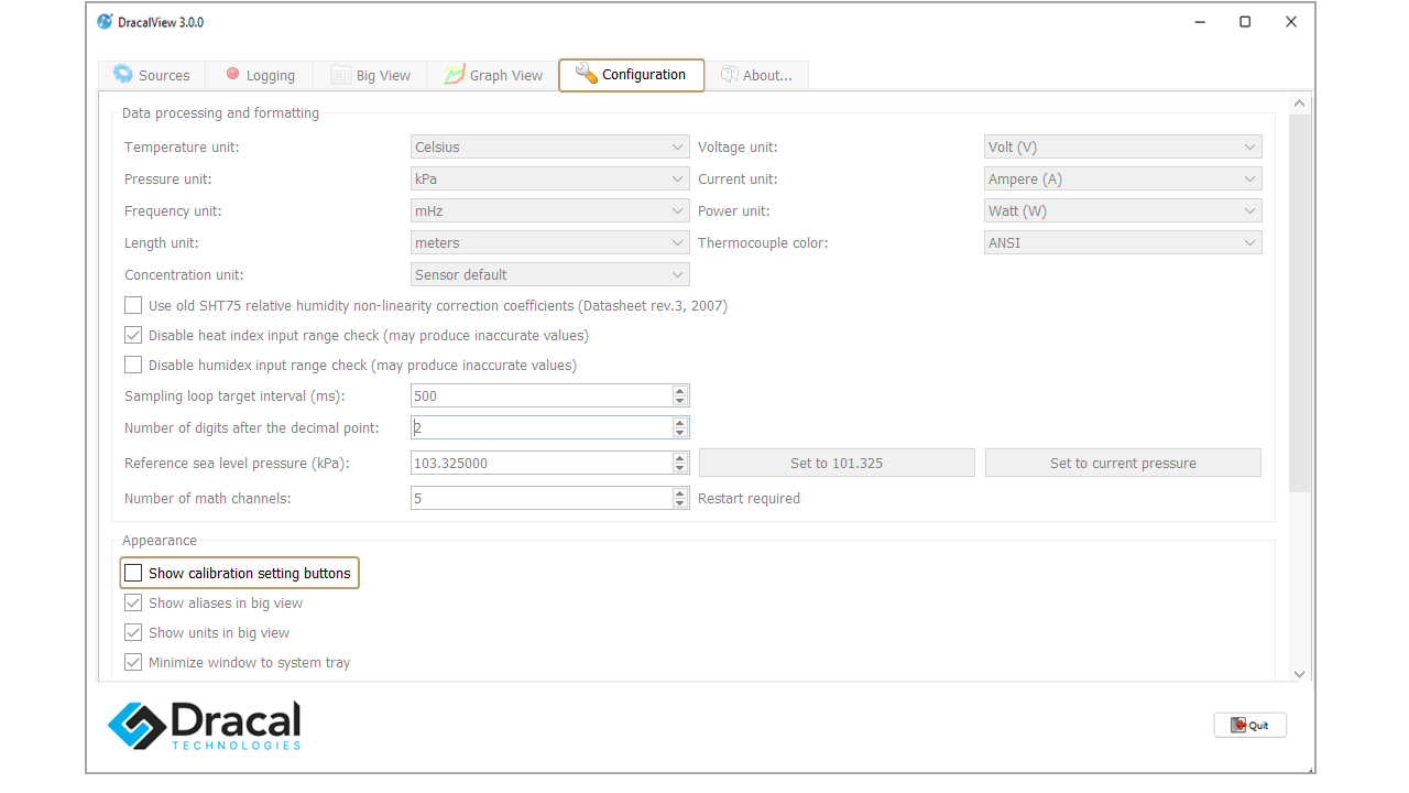 DracalView Configuration tab with Show calibration setting buttons