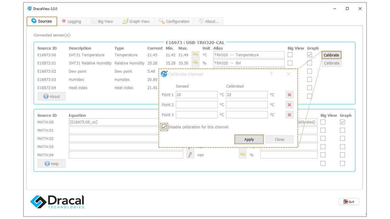 DracalView Sources tab, Calibrate channel box, Disable calibration option ticked on