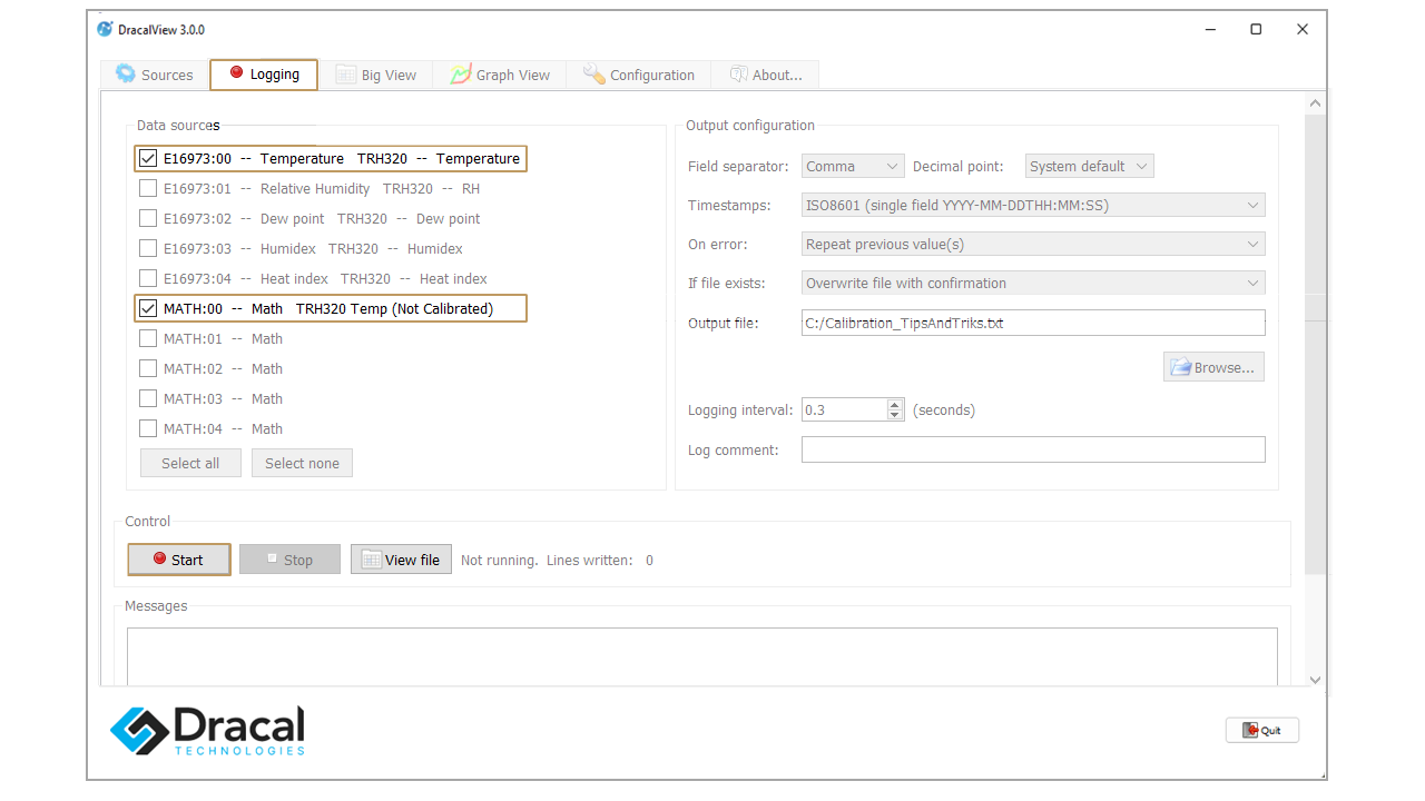 DracalView Logging tab with two channel boxes ticked