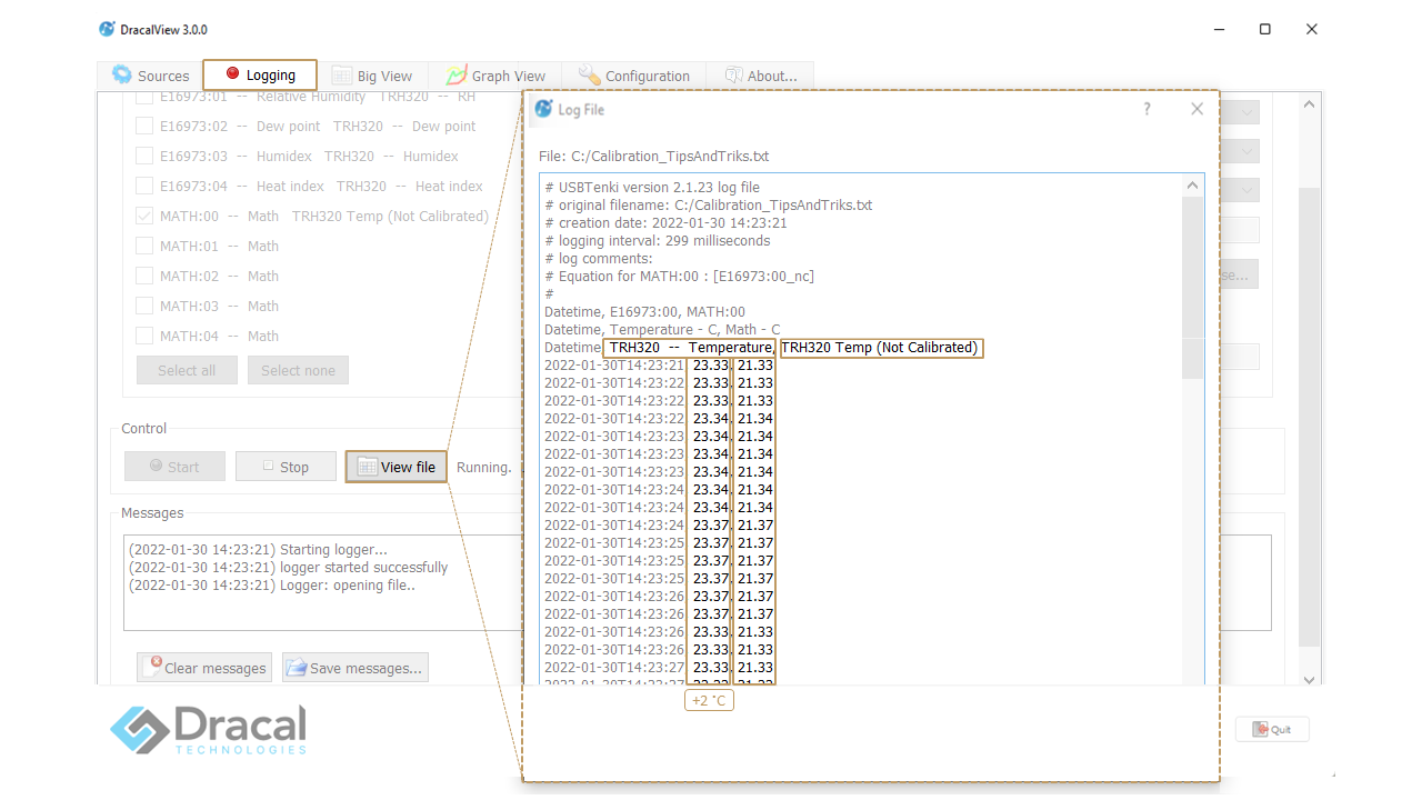 DracalView Logging tab, with the Log file over it, to show the effect of the calibration