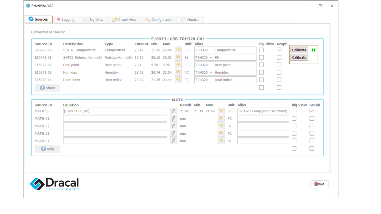 DracalView Sources tab, Calibrate buttons showing