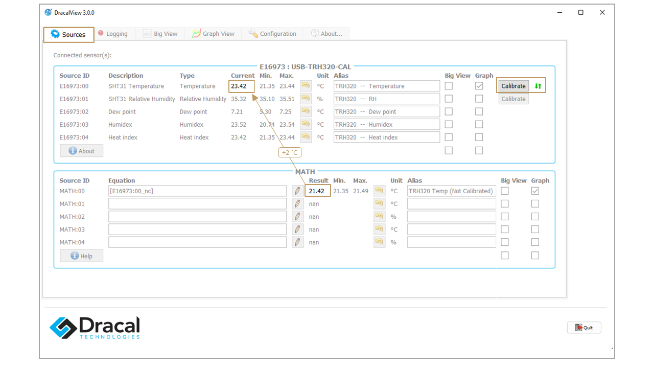 DracalView Sources tab with the calibrated and non-calibrated temperature channel