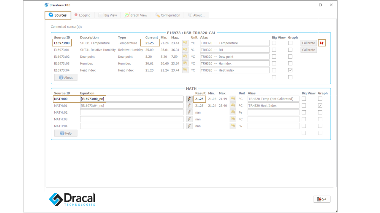 DracalView Sources tab, Calibration disabled effect