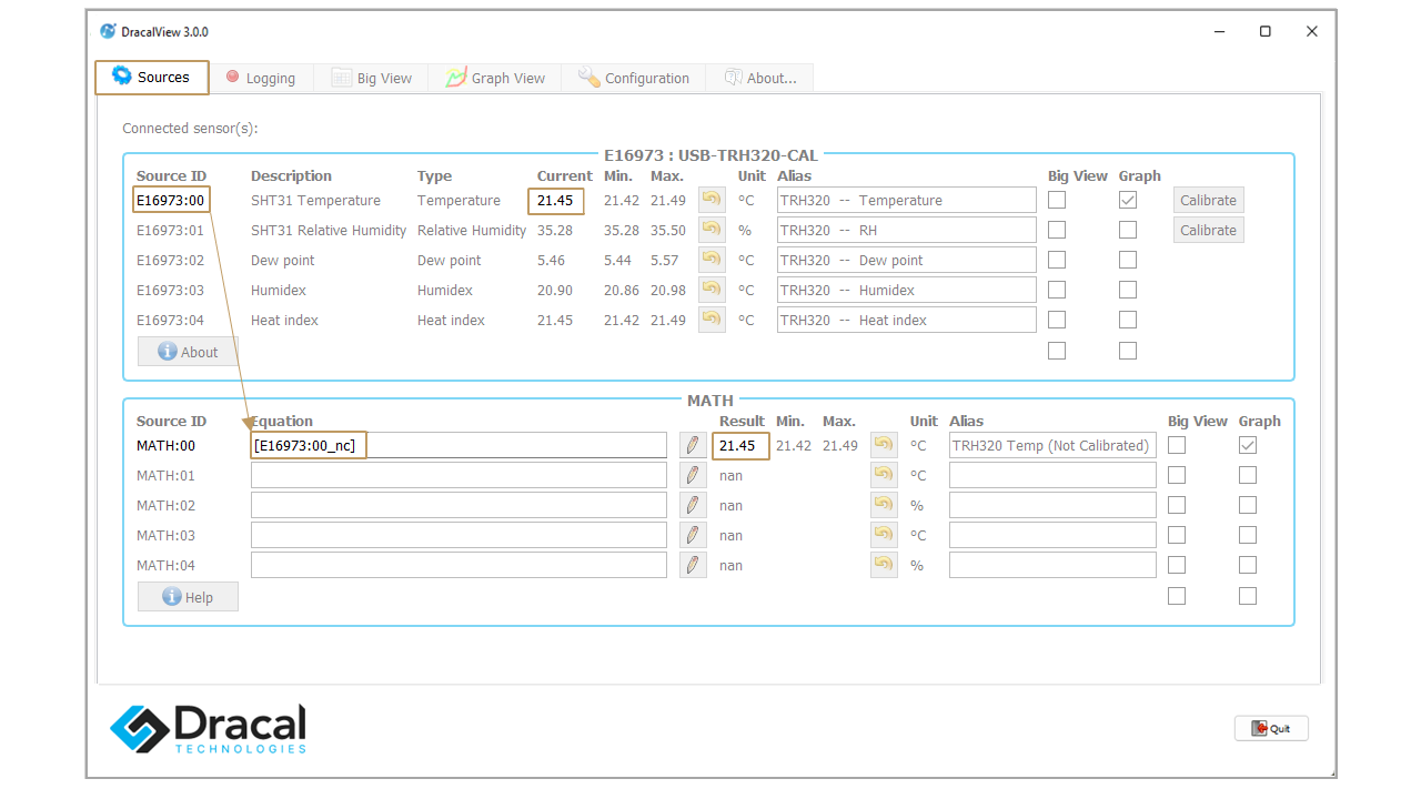 DracalView Sources tab, channel ID not_calibrated