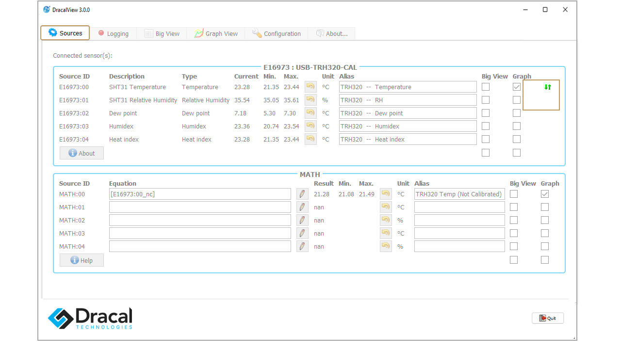 DracalView Sources tab, Active calibration shows by green arrows