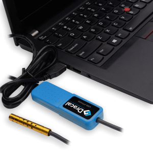 Improved accuracy temperature, relative humidity and atmospheric pressure measuring instrument with USB connection, particle filter and aluminum tip for harsh environments - in a laptop