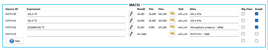 Math channel inset with atmospheric pressure values entered and offset