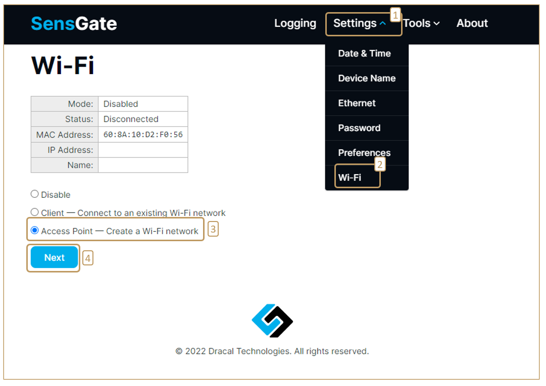 Steps 1 to 4 to create a secure sub-network by placing the SensGate into Access Point mode