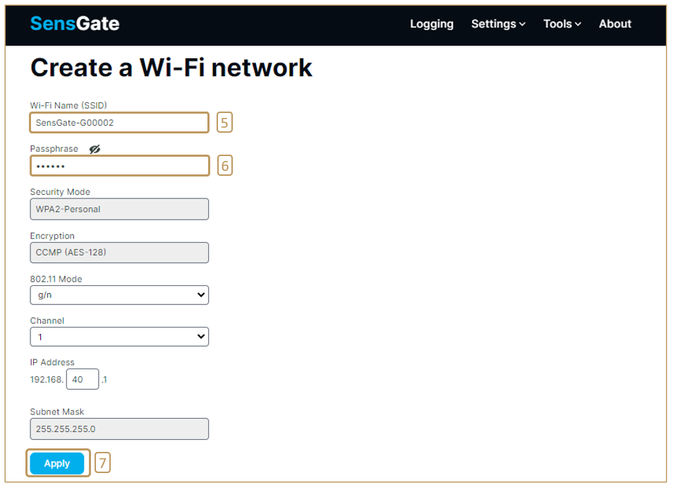 Steps 5 to 7 to create a secure sub-network by placing the SensGate into Access Point mode