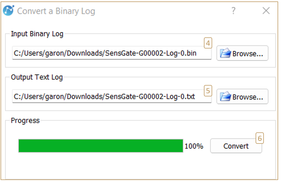 Steps 4 to 6 to convert a binary log Generated by a SensGate