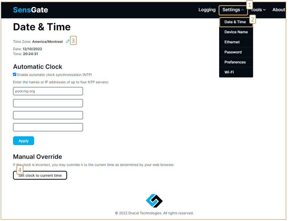 Configuration of the date and time of the SensGate