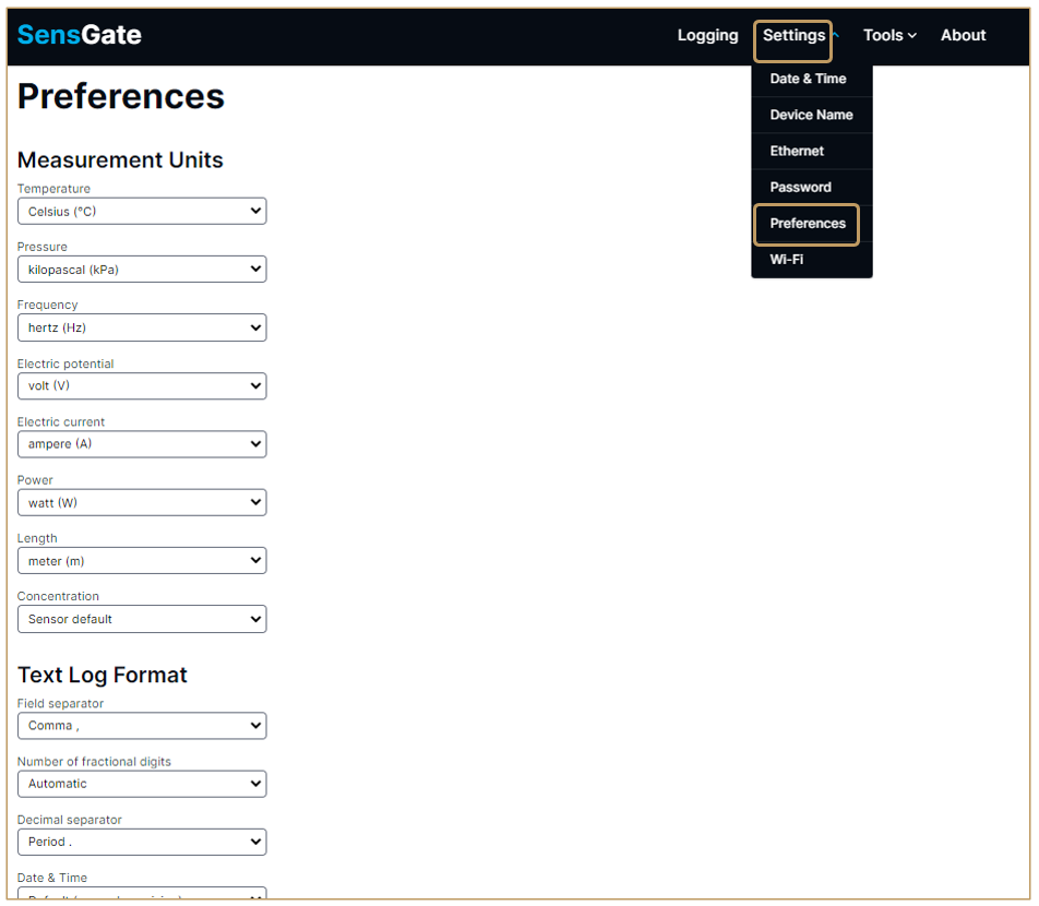 Change logging preferences in a SensGate