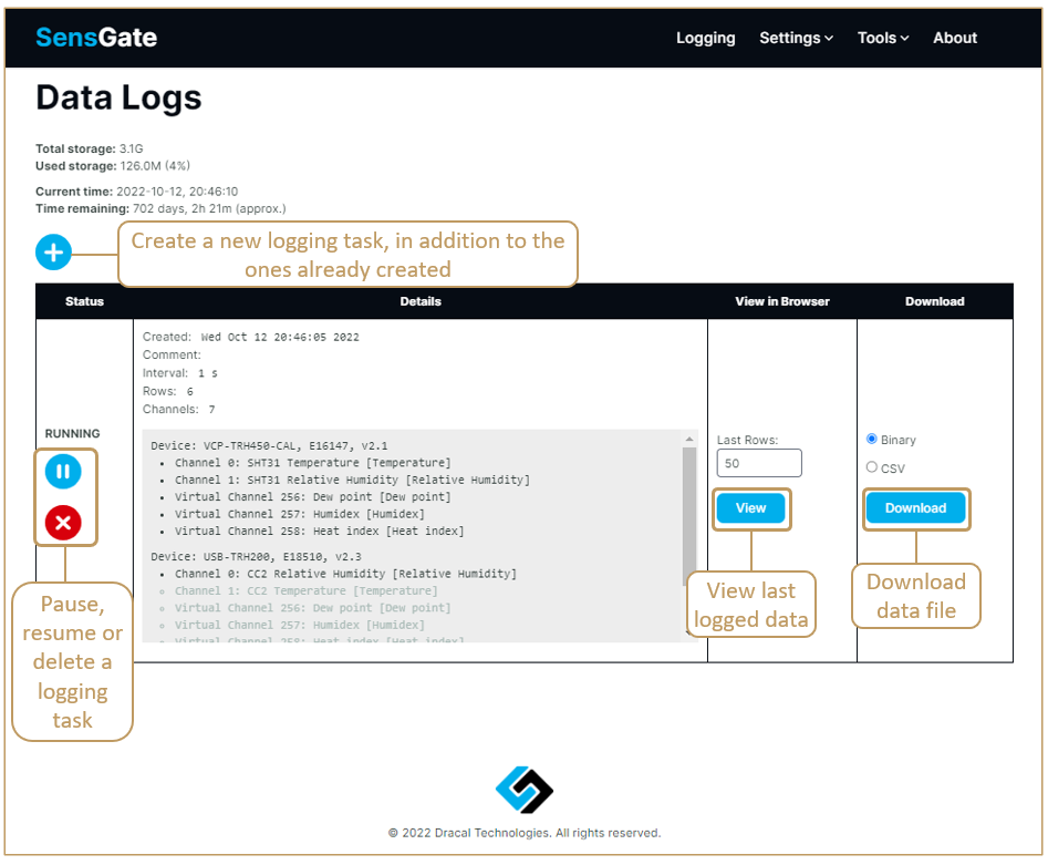 SensGate Logging Window description