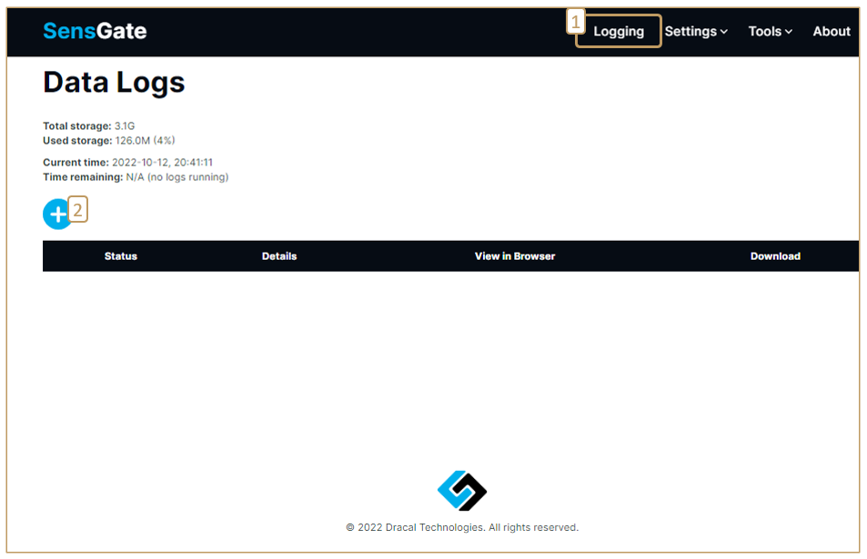 Steps 1 and 2 for launching a logging task in a SensGate