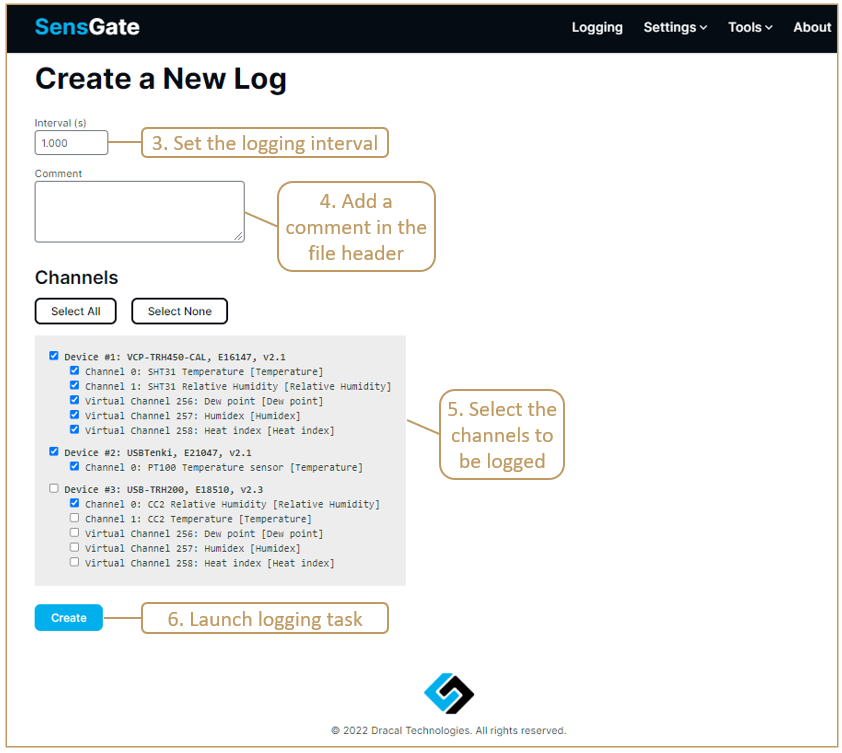 Steps 4 to 6 for launching a logging task in a SensGate