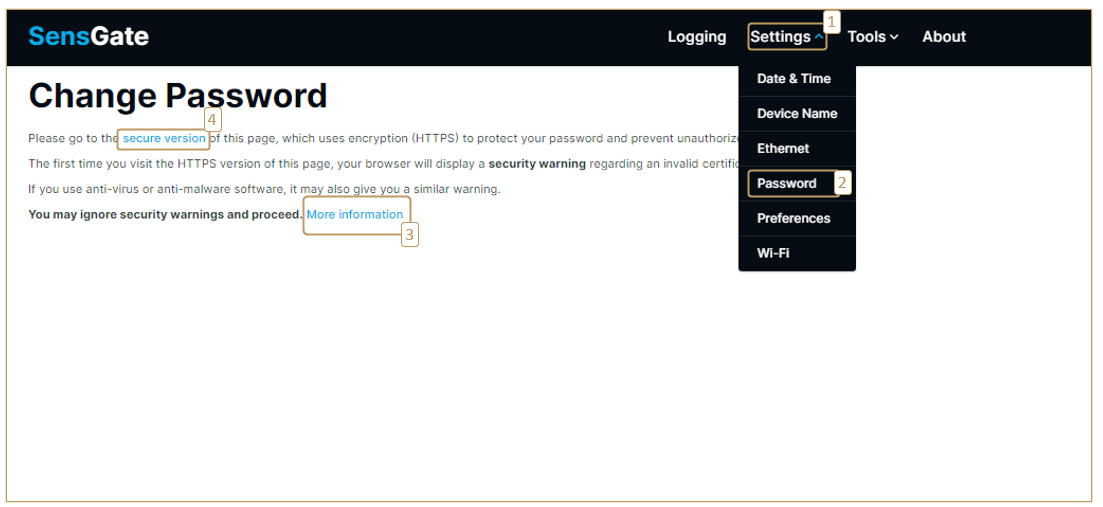 Steps 1 to 4 for securising a SensGate with a password