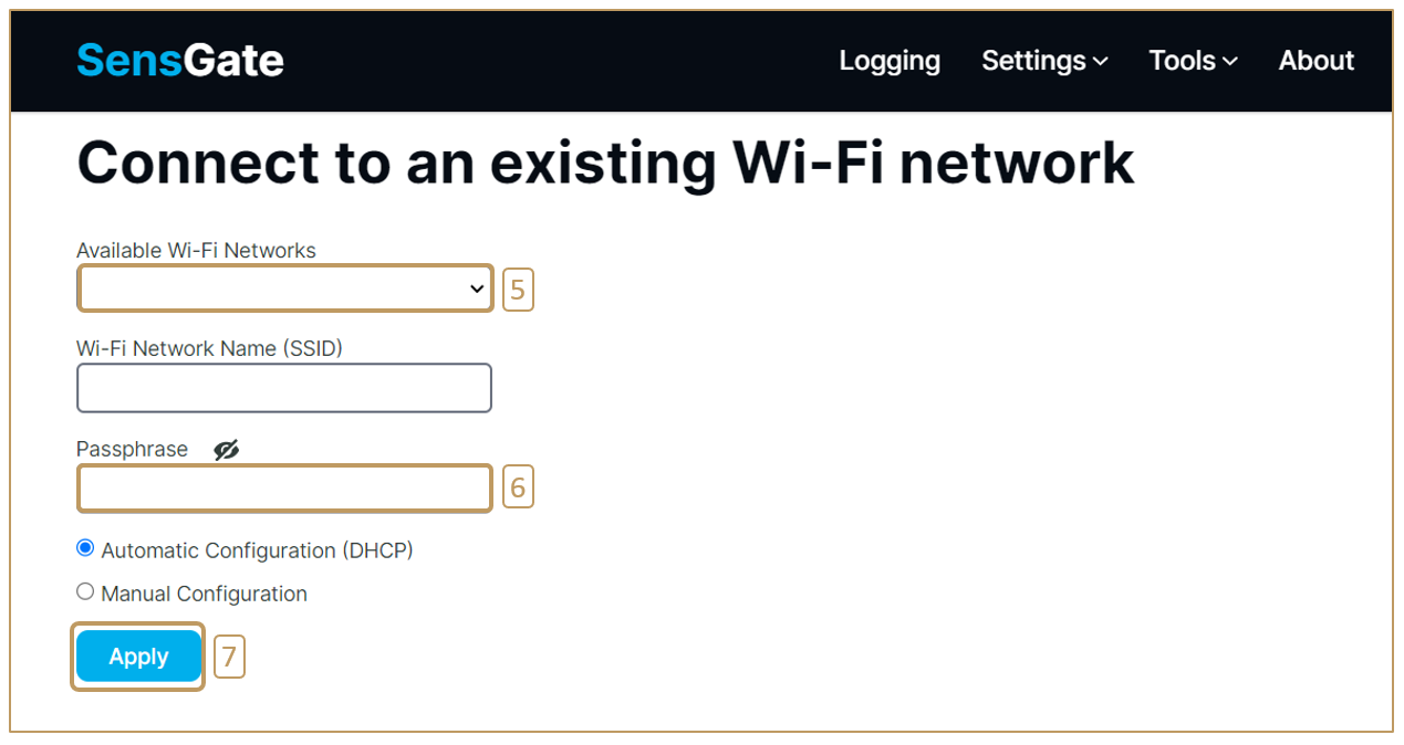 Discover a Wi-Fi network with your SensGate and connect to it