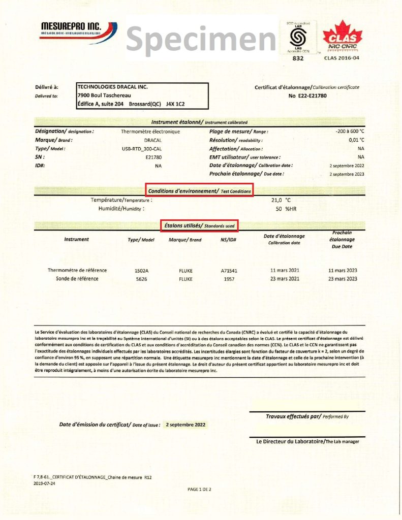 Example of a traceability certification to the NRC for temperature
