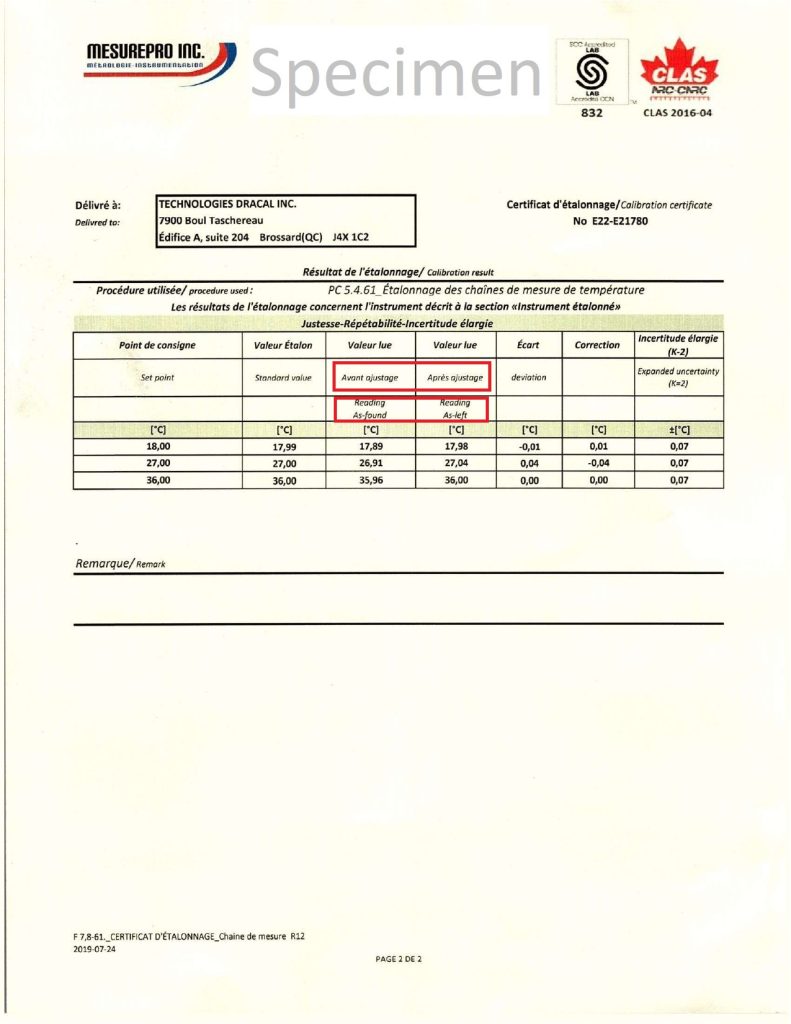 Example of a 3-point calibration certificate to the NRC for temperature