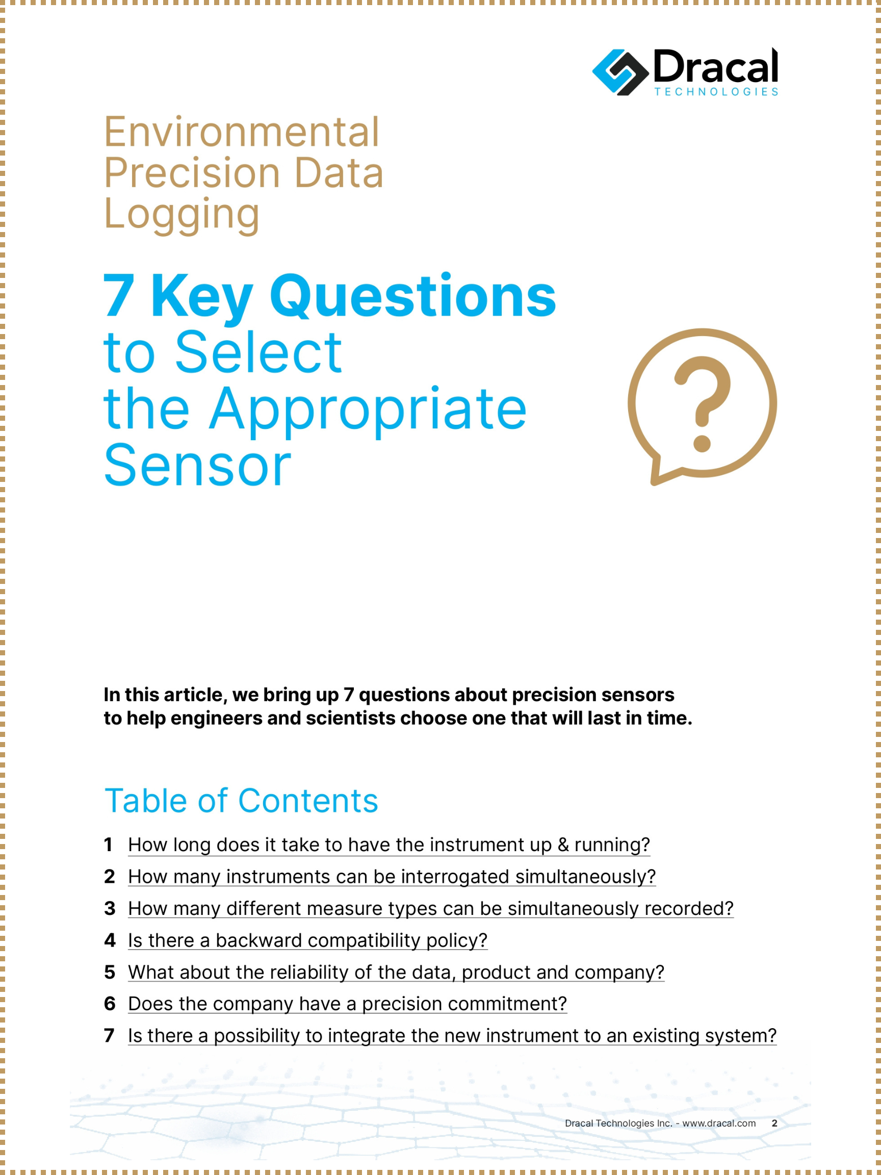 Cover page and table of contents for the whitepaper about 7 questions to help pick the right precision sensor