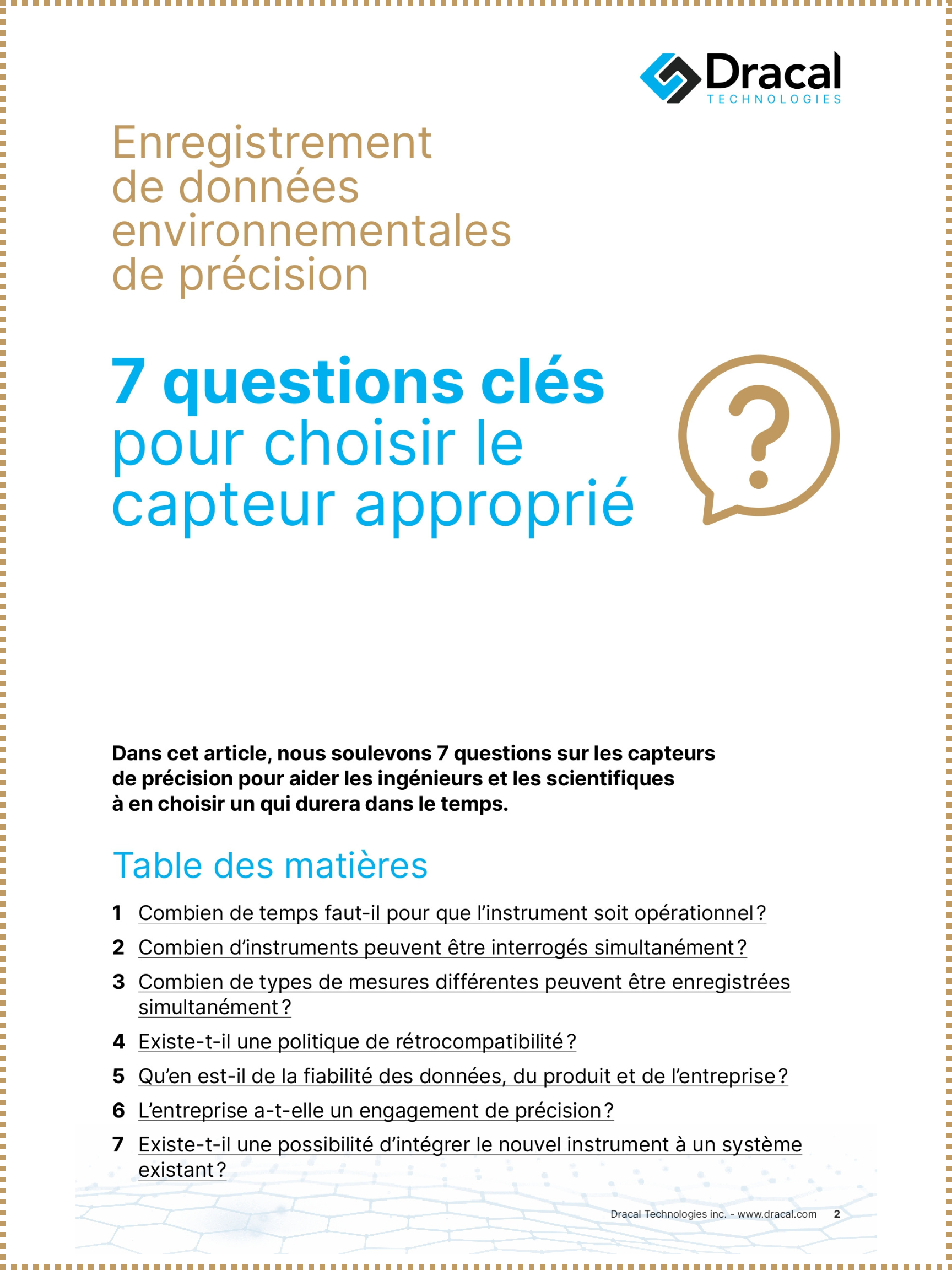 Page couverture et table des matières du livre blanc à propos de 7 questions pour choisir le capteur approprié