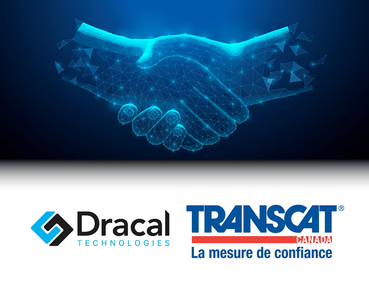 Two hands shaking, with Dracal Technologies and Transcat Canada logo