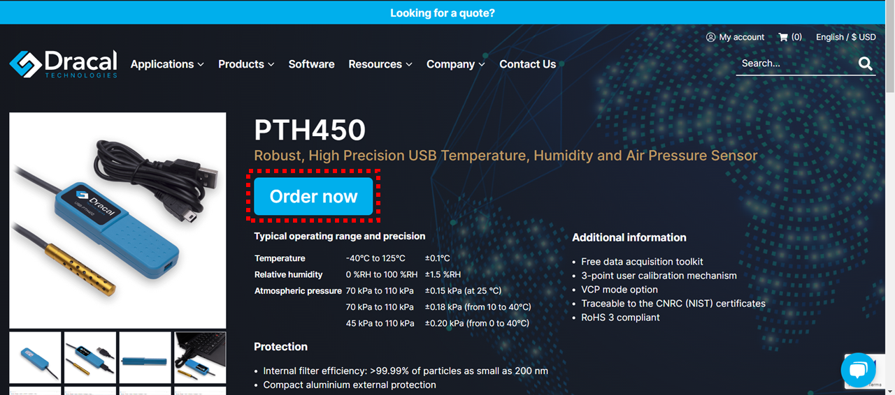 Product page of the PTH450