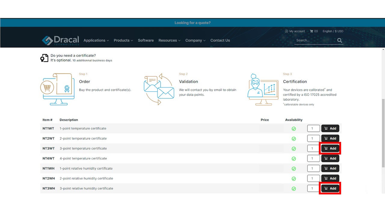 screenshot to add calibration certificates from the website