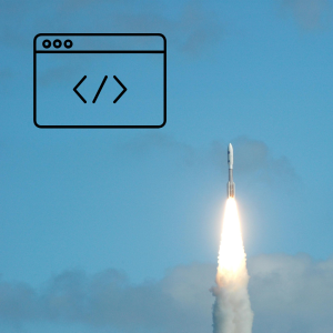 rocket launch with coding symbol