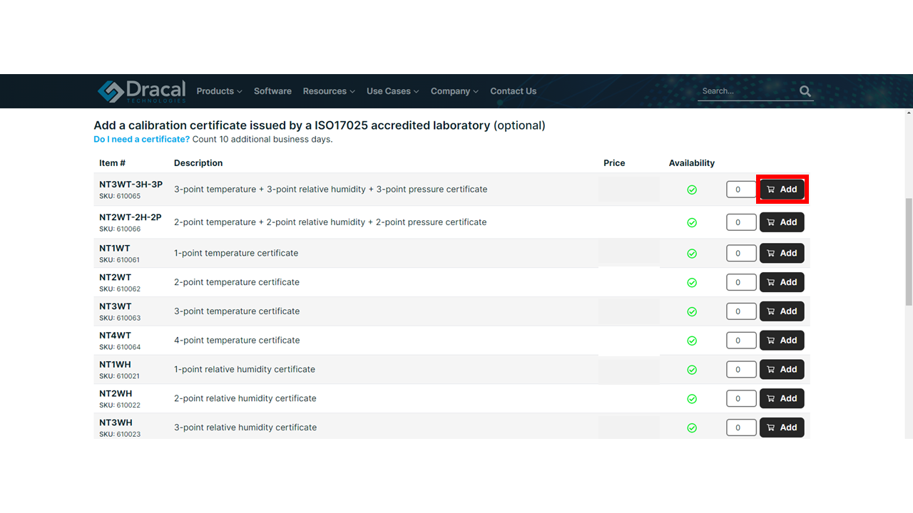 screenshot to add calibration certificates from the website